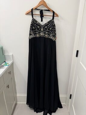 Vintage Halter Hand Beaded Black Beaded Prom Dress Formal Gown, Size 28